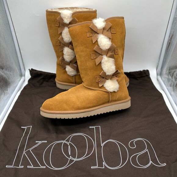 Like NEW KOOLABURRA-UGG Victorian Tall Suede Chestnut Boots with Bows Size 12 - Picture 1 of 13